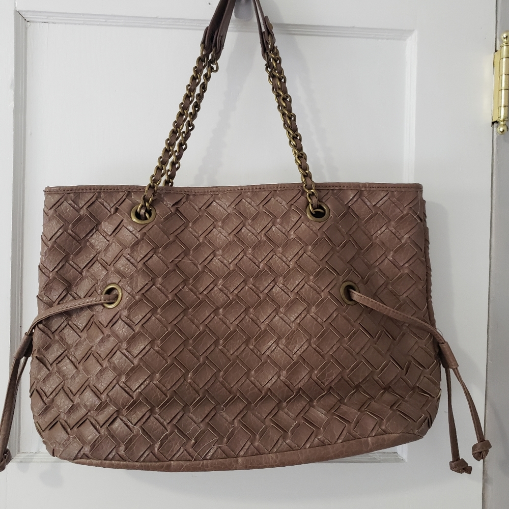 Jessica Simpson Vintage Faux Leather Basket Weave Tote Bag Taupe Brown Sz L